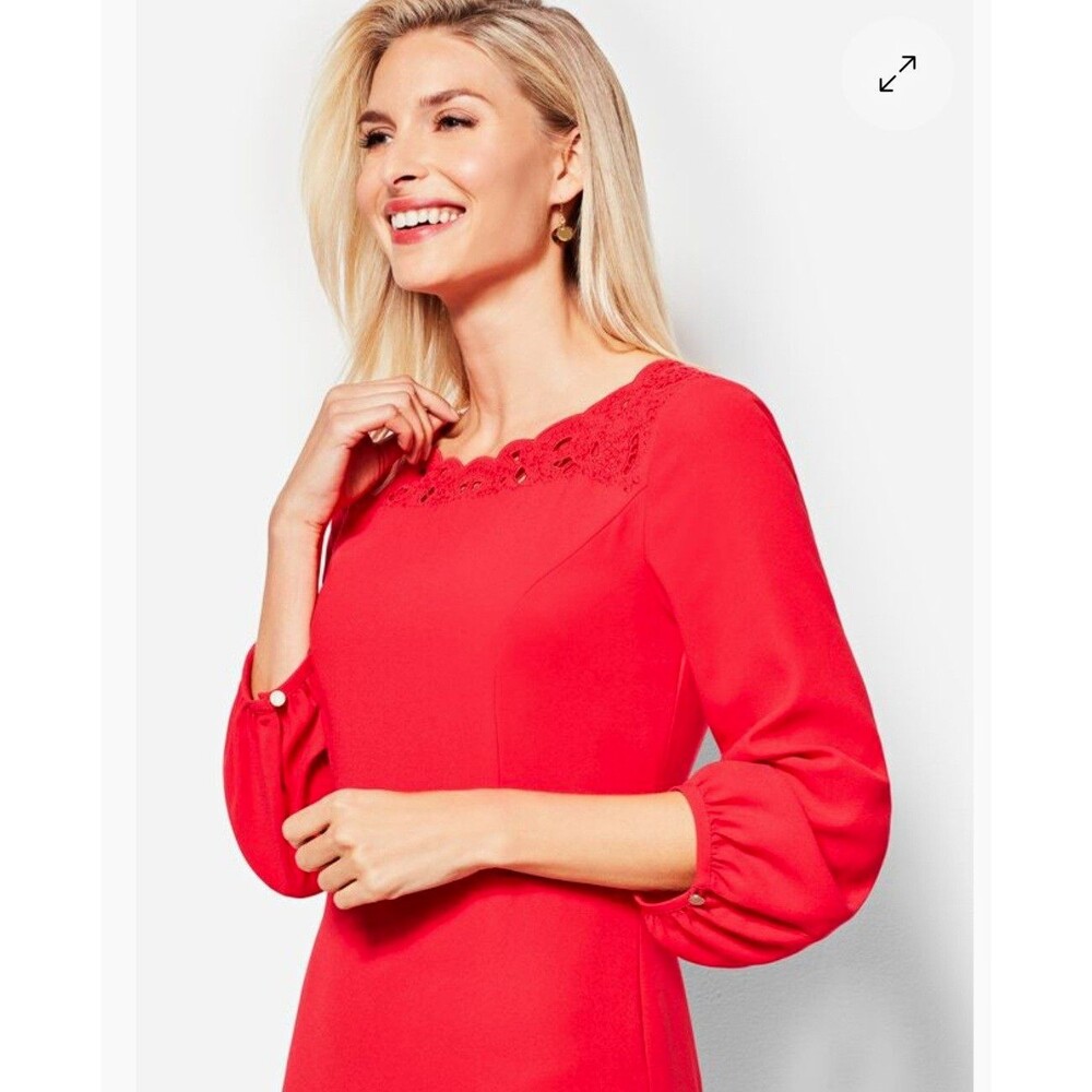 Talbots Red Shift Dress Scoop Neck Embroidered Yoke Puff 3/4 Sleeve Zip 8